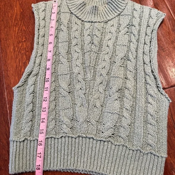 Free People Cropped Cable Knit Sleeveless Turtleneck Sweater in Mountain Mint - Picture 6 of 9